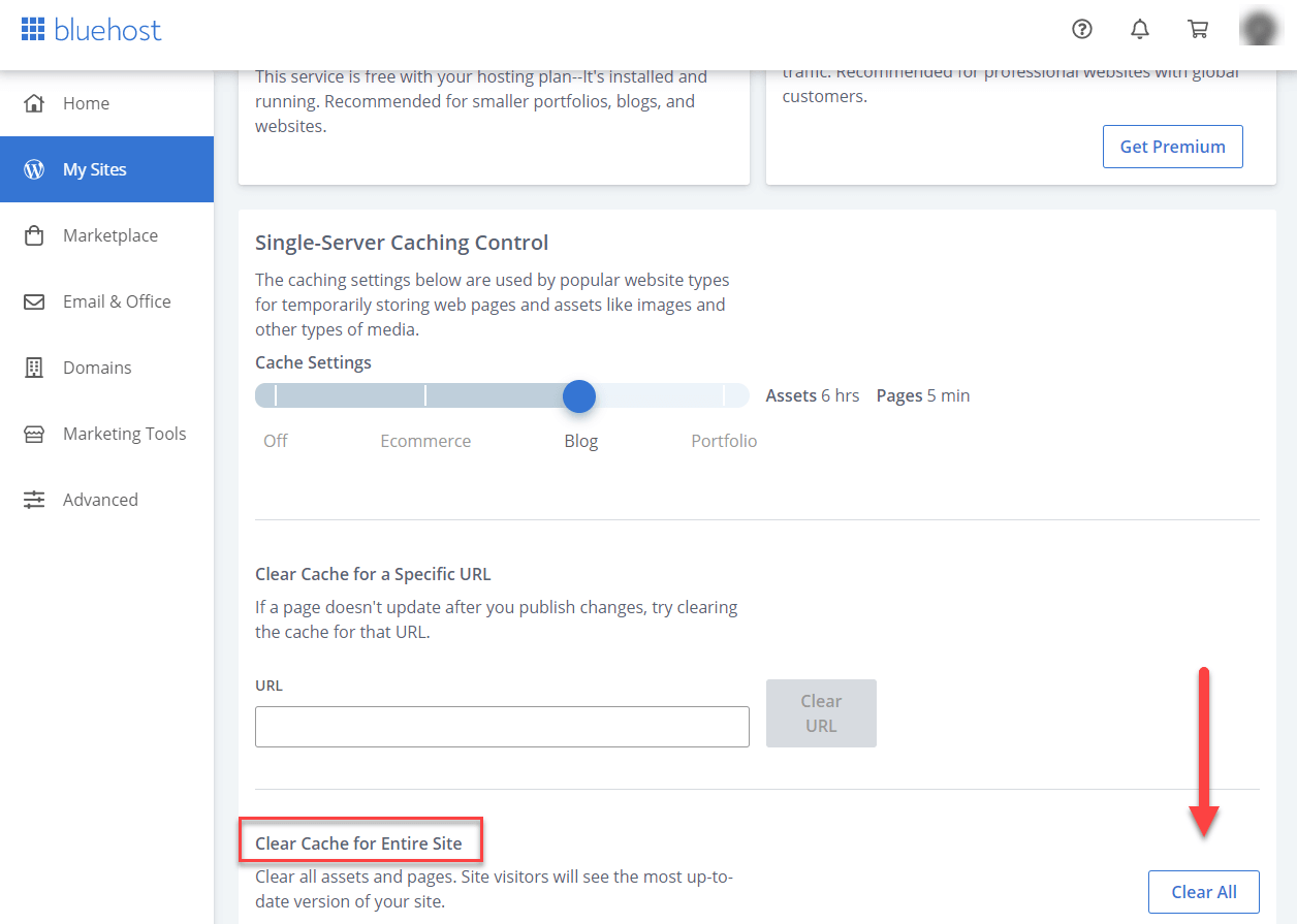 Purge cache in Bluehost