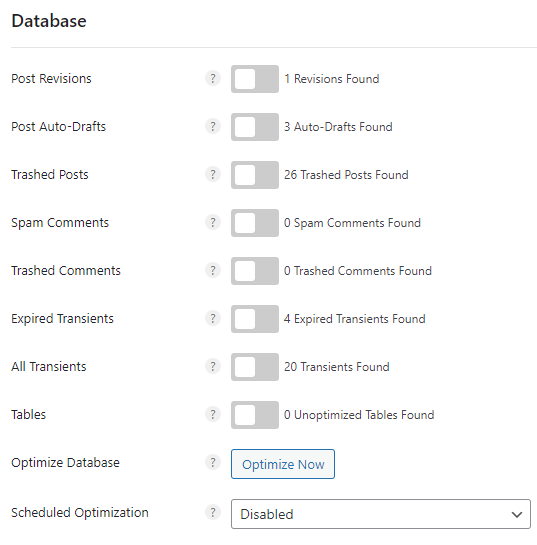 Perfmatters database optimization