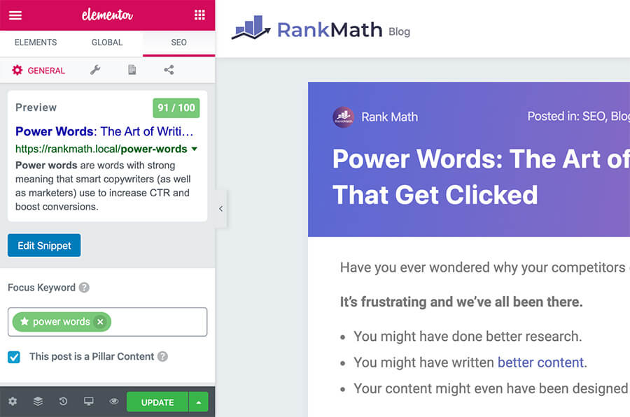 Elementor integration in Rank math