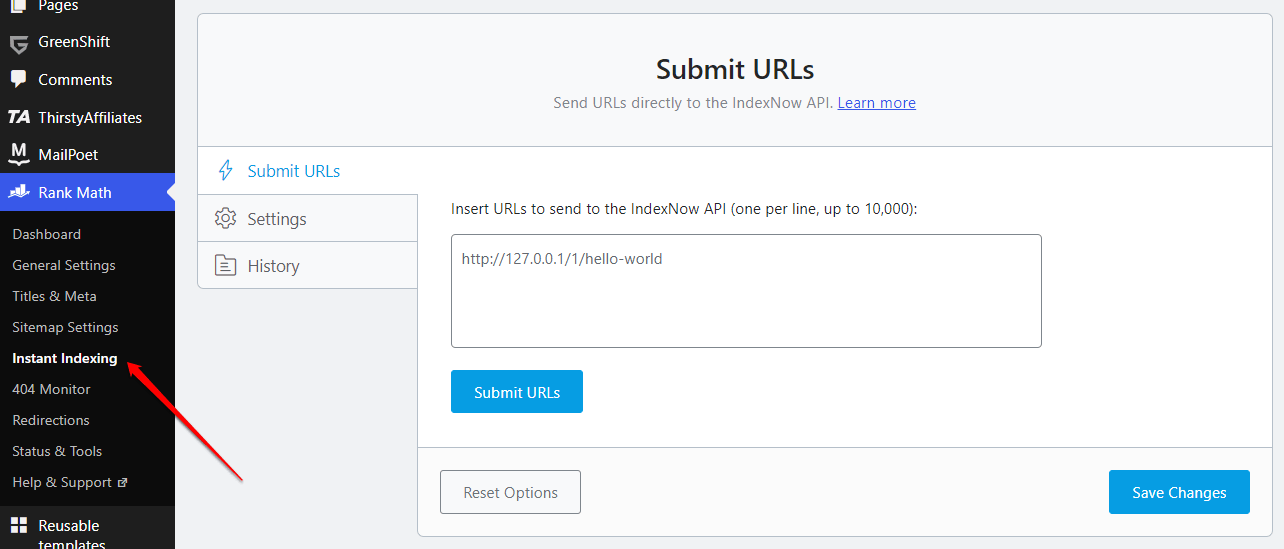 Instant Indexing in rank math