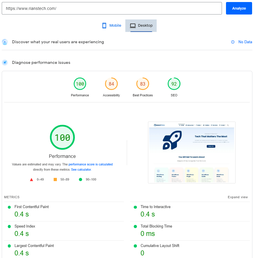 CloudWays Review : The Fastest Managed WordPress Hosting 21 RiansTech Web Core Vitals-Desktop