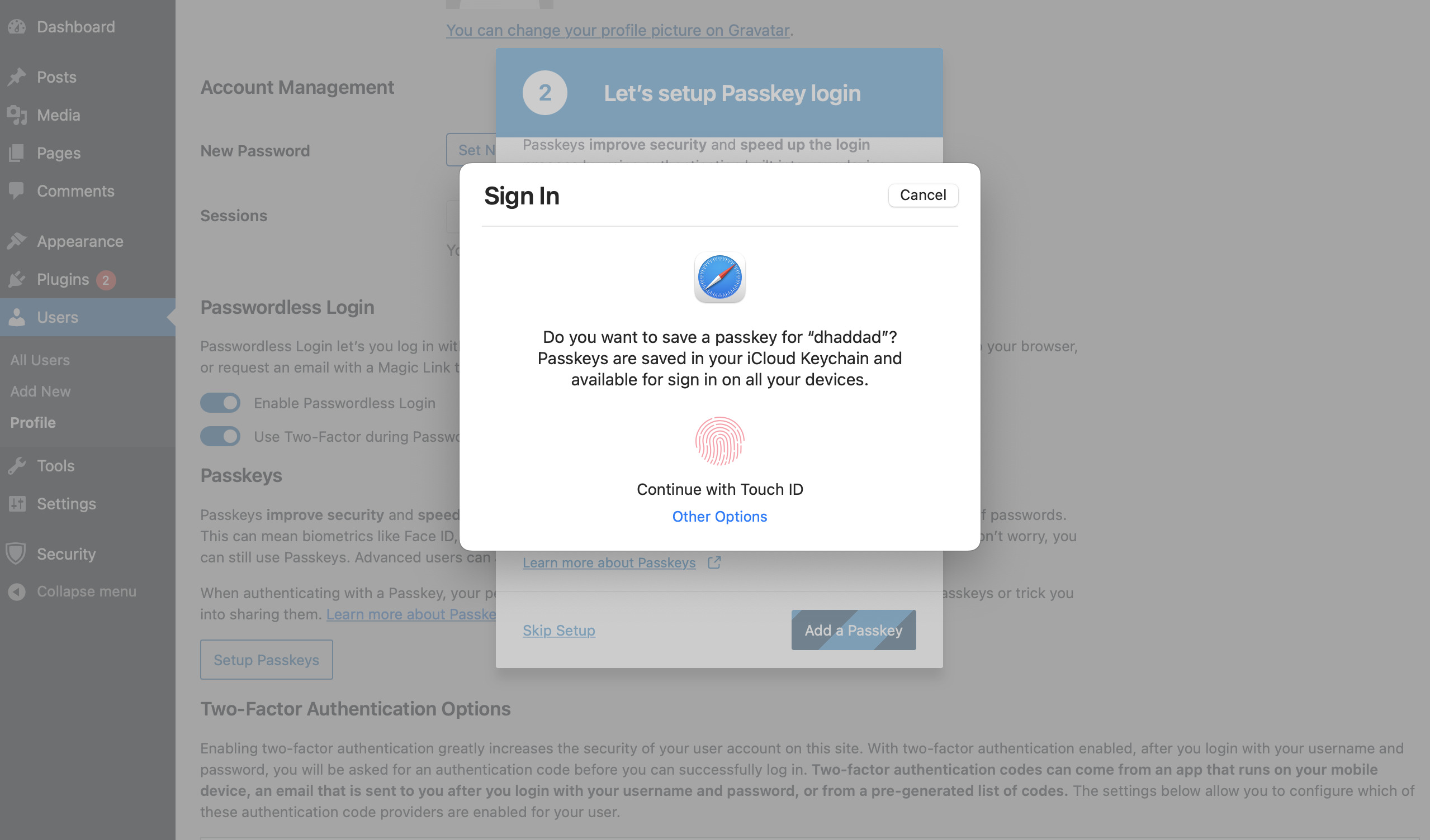 WordPress biometric login