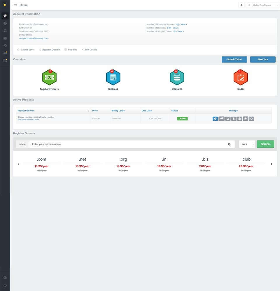 Fastcomet Dashboard